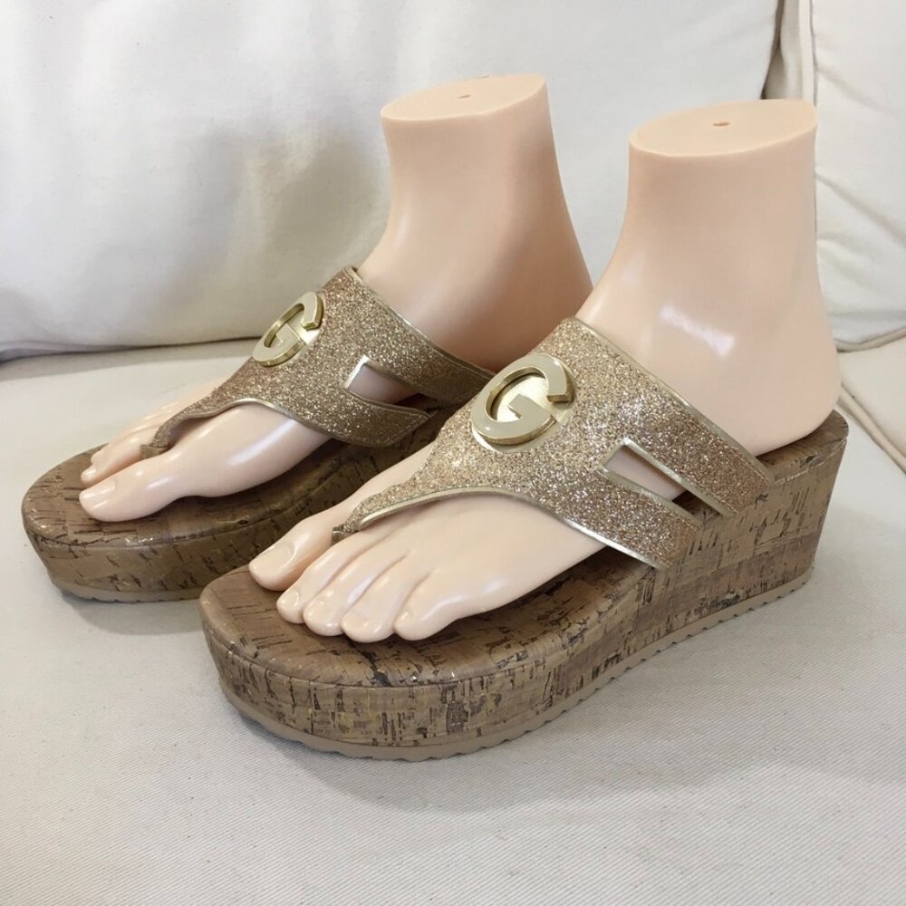 GBG Guess Gold Glitter Cork bottom Wedges